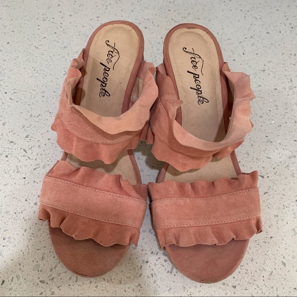 Free People Pink Suede Rosie Ruffle Slip On Double Strap Open Toe Heels - Picture 4 of 11